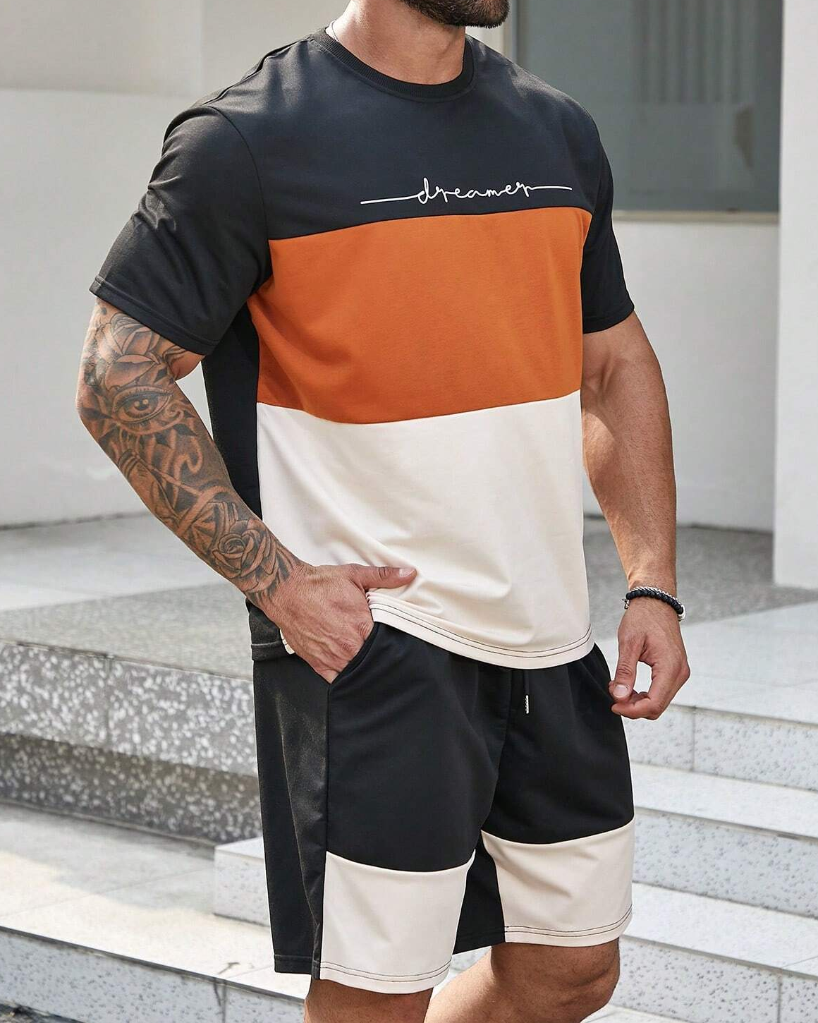 Men's color matching casual shorts Set