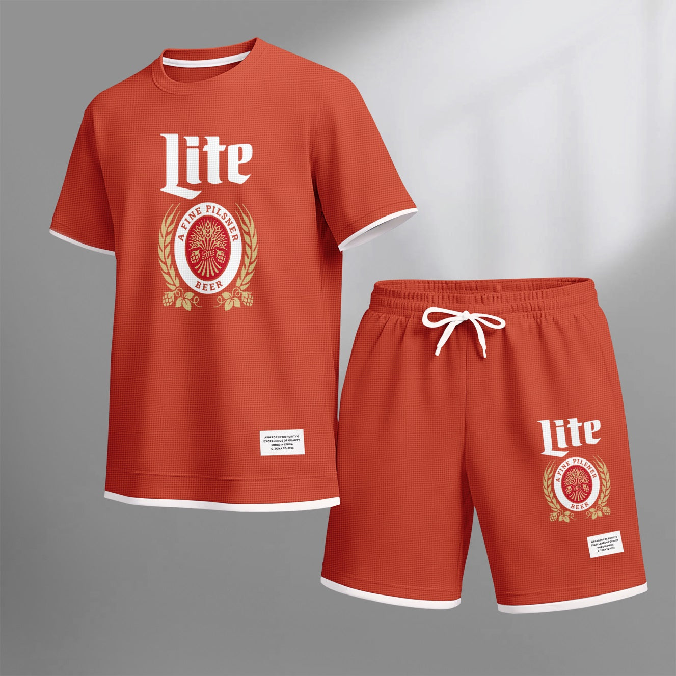 Men's Refreshing Beer Print Waffle Fabric Short-Sleeved Shirt And Shorts Set