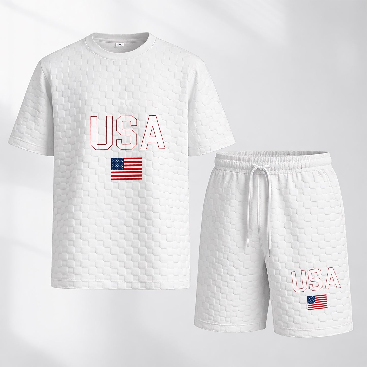 Men's Spring and Summer USA Letter Print with Flag Checkered Fabric Drawstring Shorts Set, Casual Summer Outfit with Short-Sleeved Shirt and Shorts, Ideal for Everyday Wear and Sports Activities