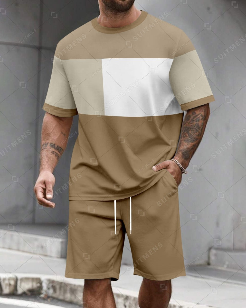 Men's Summer Colorblock Printed Round Neck Set 487