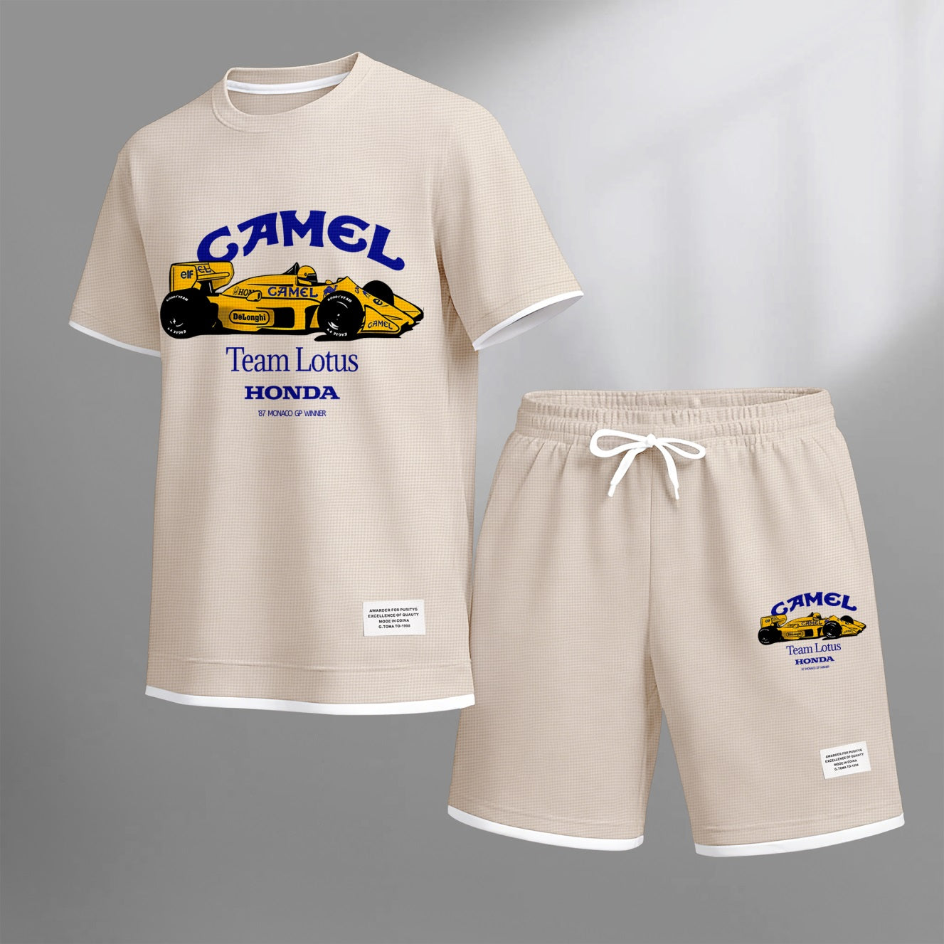 Men's Classic Racing Print Waffle Fabric Short-Sleeved Shirt And Shorts Set