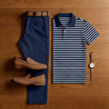 Men's Casual Blue Striped Printed Short-Sleeved Polo Shirt And Trousers Two-Piece Set