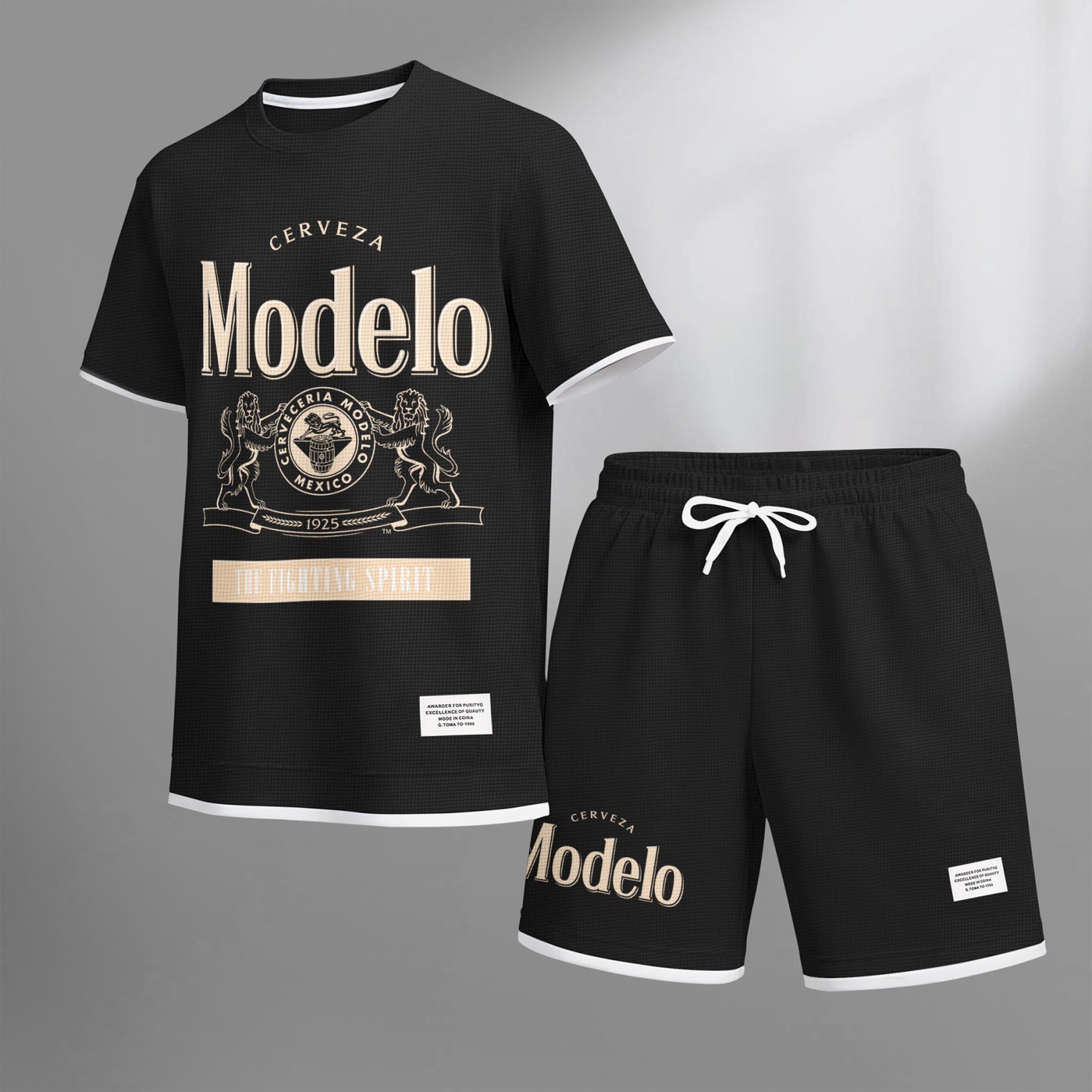 Men's Beer Print Drawstring Shorts Set, Suitable For Spring And Summer Wear, Casual Summer Set, Including Short-Sleeved Shirt And Shorts, Suitable For Everyday Wear And Sports 02