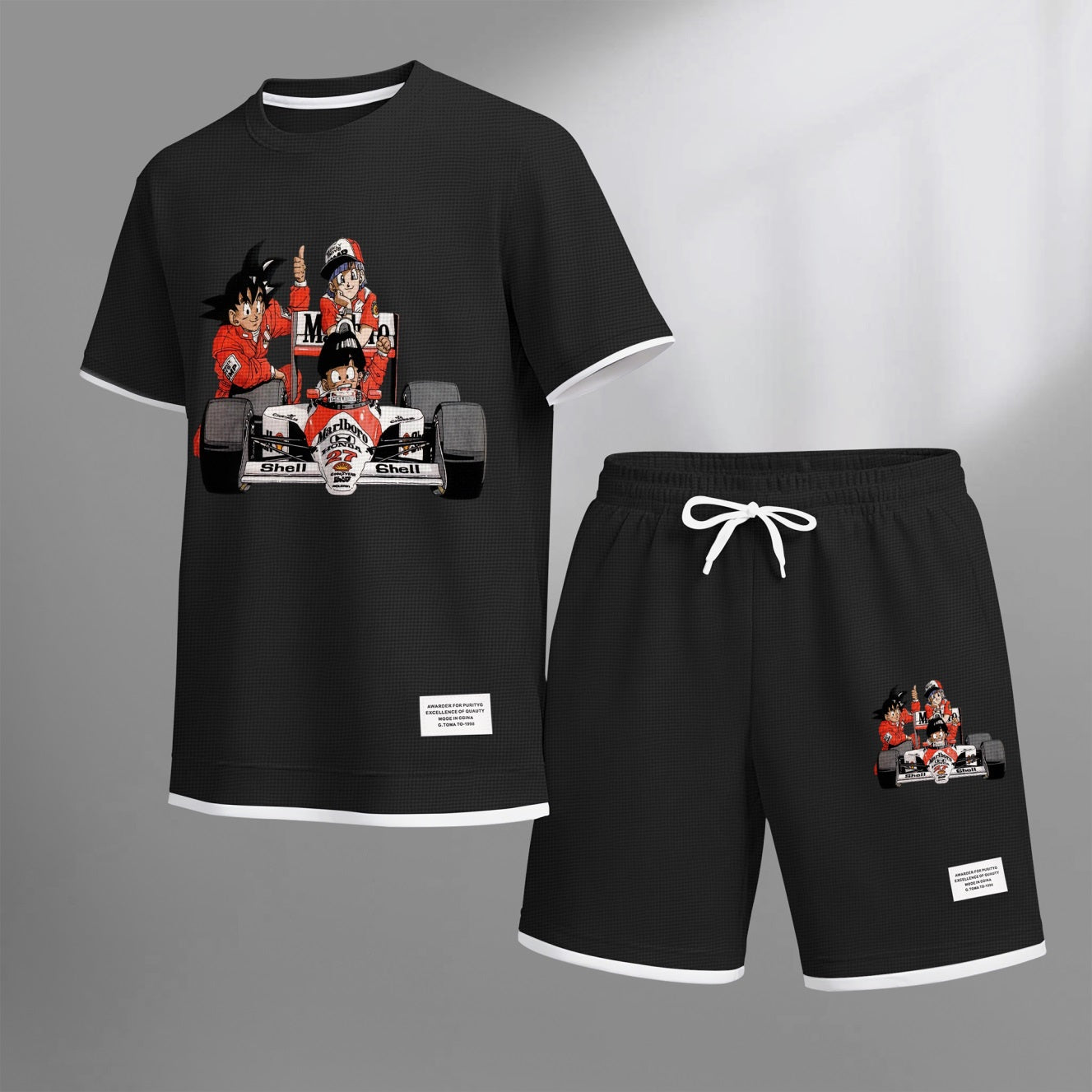 Men's Anime Racing Print Waffle Fabric Short-Sleeved Shirt And Shorts Set