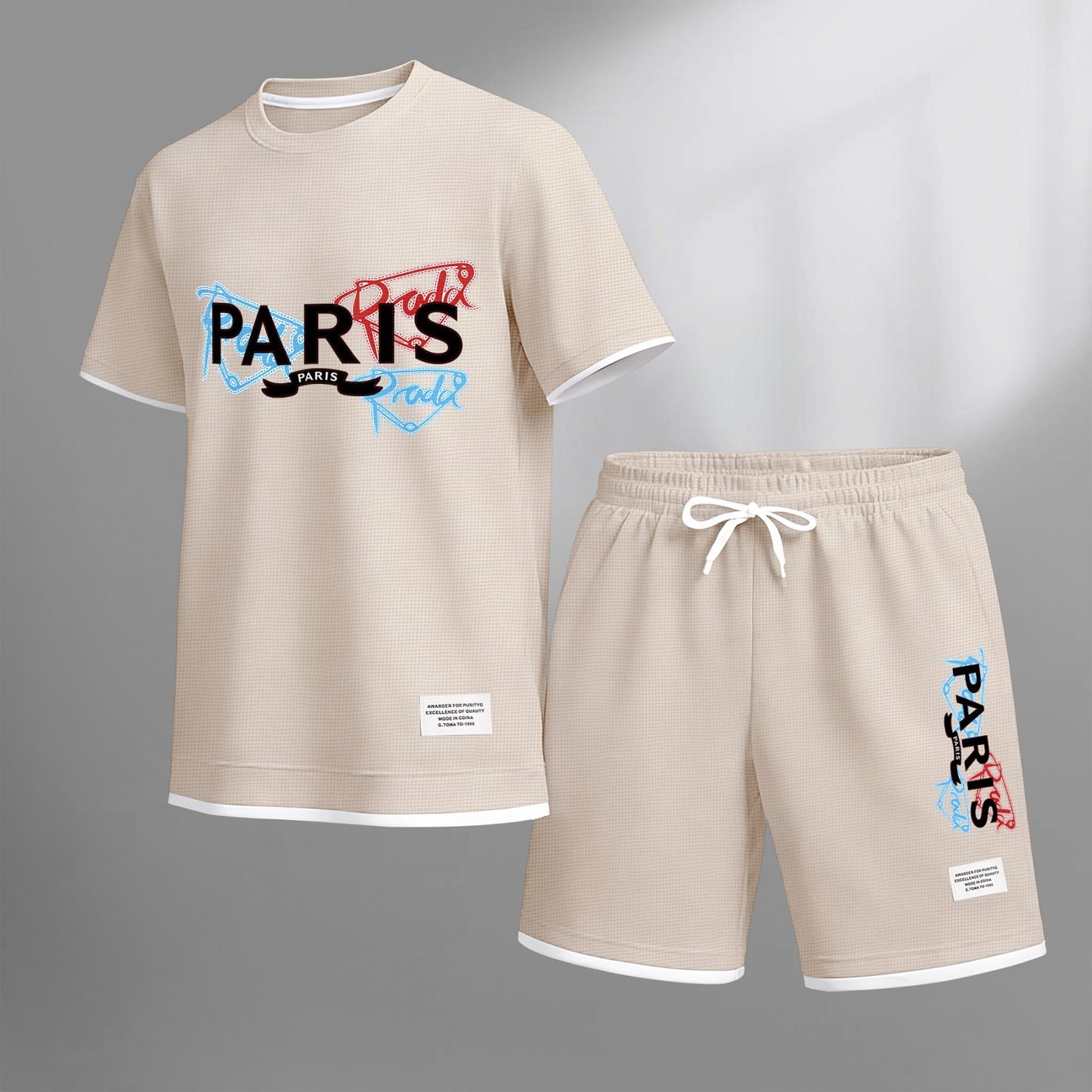 Men's PARIS Red & Blue Graffiti Letter Print Short Sleeve T-Shirt & Shorts Set, Summer Lightweight Waffle Sporty Casual Two-Piece Outfit, Streetwear for Gym & Daily Wear