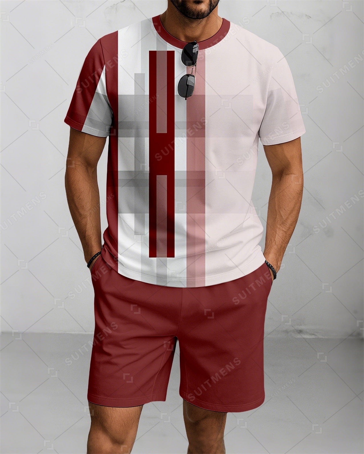 Men's Summer Colorblock Printed Round Neck Suit 083