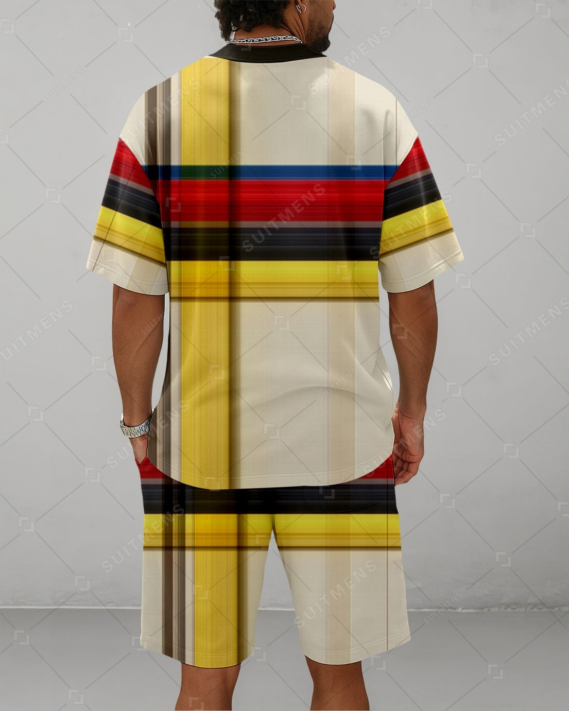 Men's Summer Colorblock Printed Round Neck Suit 076