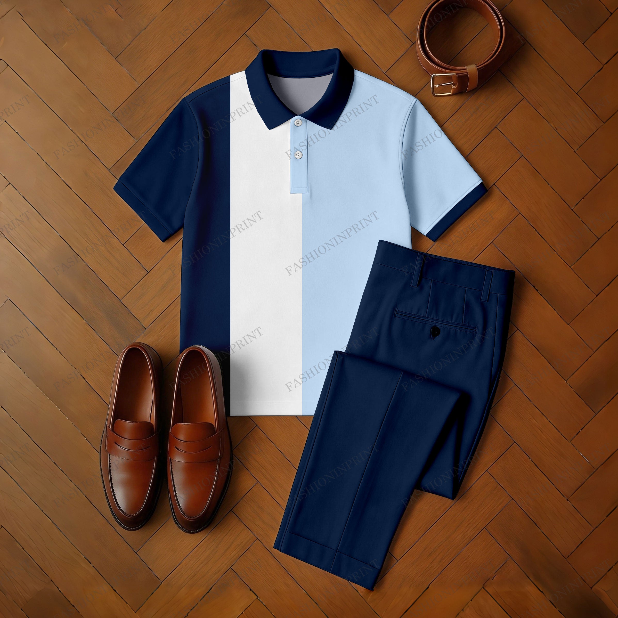 Men's Casual Navy Blue & White & Blue Color Matching Printed Short Sleeved Polo Shirt & Trousers Two-Piece Set
