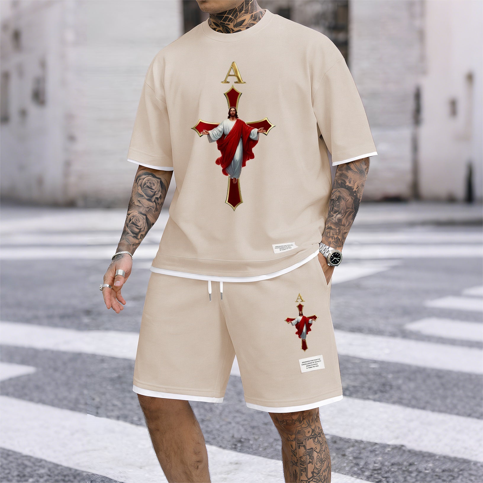 Men's Jesue print drawstring shorts set for spring/summer, a casual summer outfit including a short-sleeved shirt and shorts, suitable for everyday wear and sports. A two-piece set for a relaxed and energetic lifestyle.