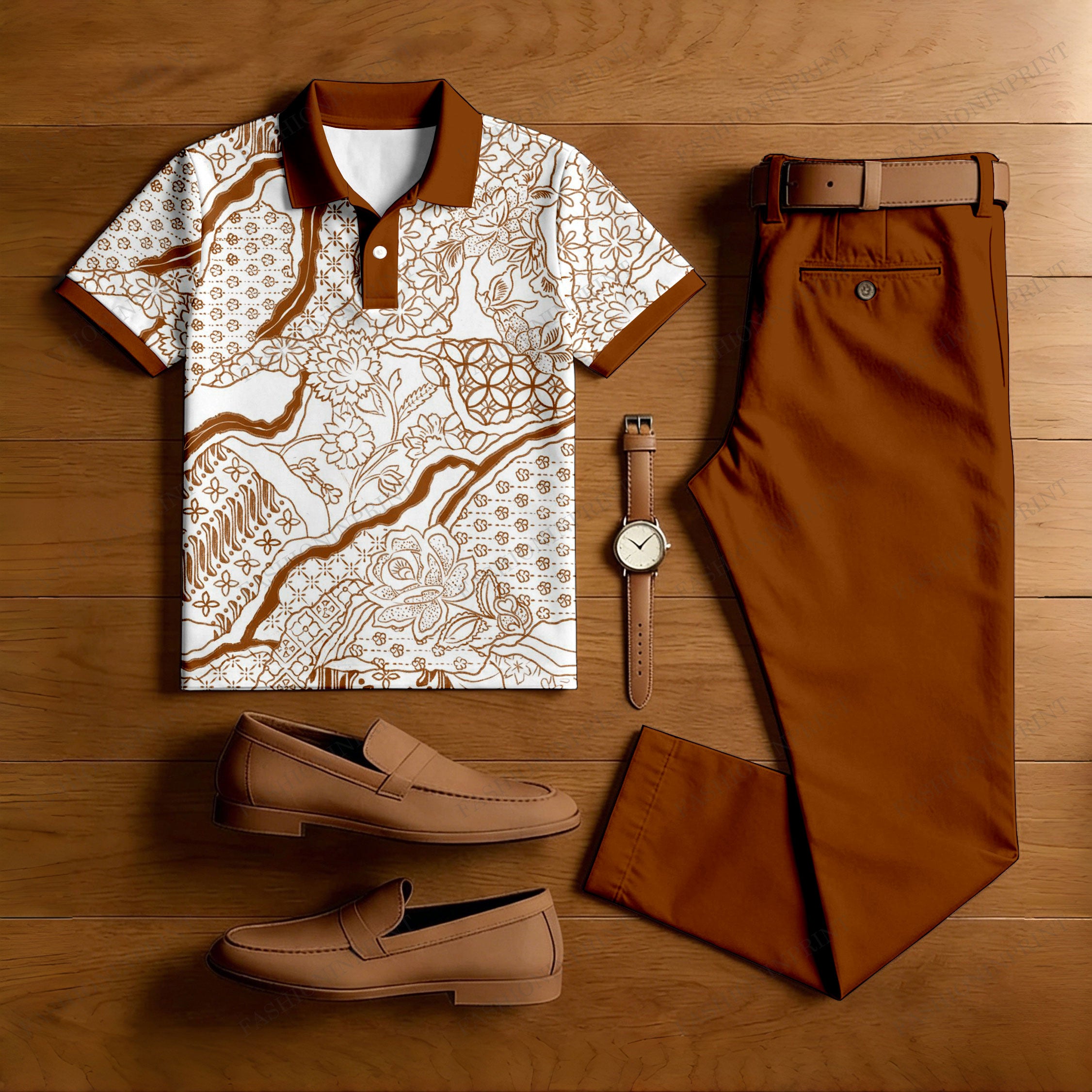 Men's Casual White & Brown Patterns Printed Polo Shirt And Pants Two-Piece Set