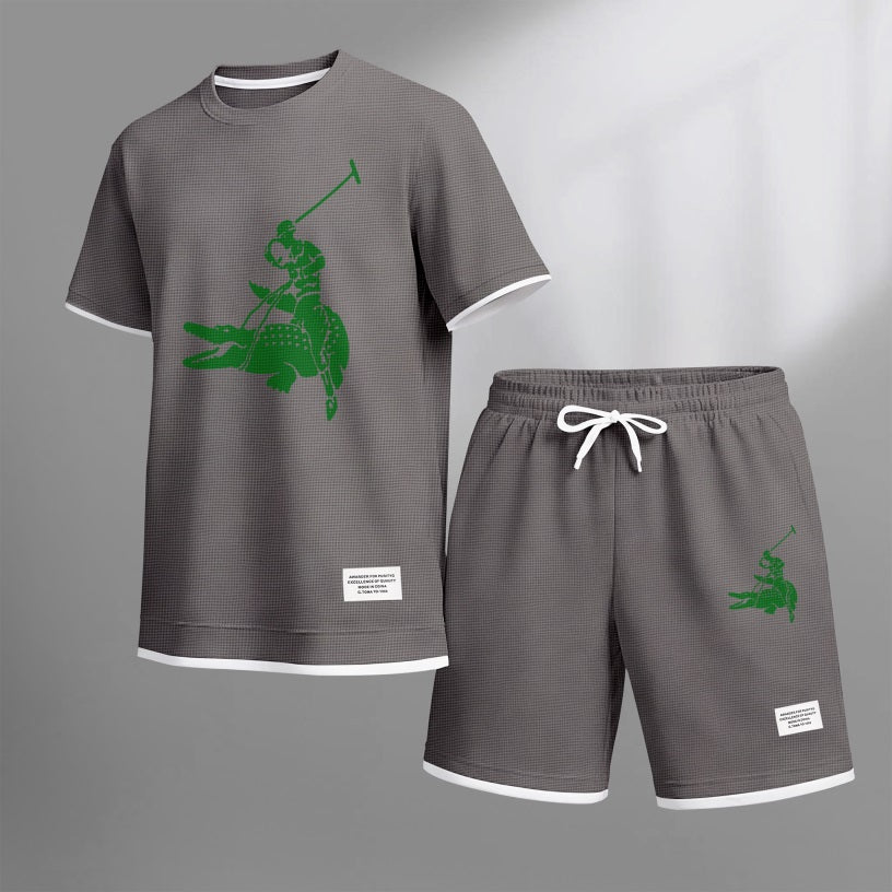 Men's Funny Crocodile Print Waffle Fabric Short-Sleeved Shirt And Shorts Set 02