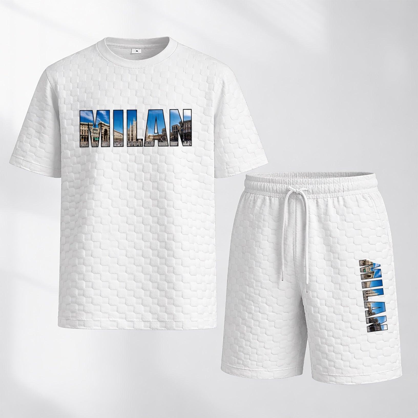 Men's Spring and Summer Milan Letter Print Checkered Fabric Drawstring Shorts Set, Casual Summer Outfit with Short-Sleeved Shirt and Shorts, Ideal for Everyday Wear and Sports Activities