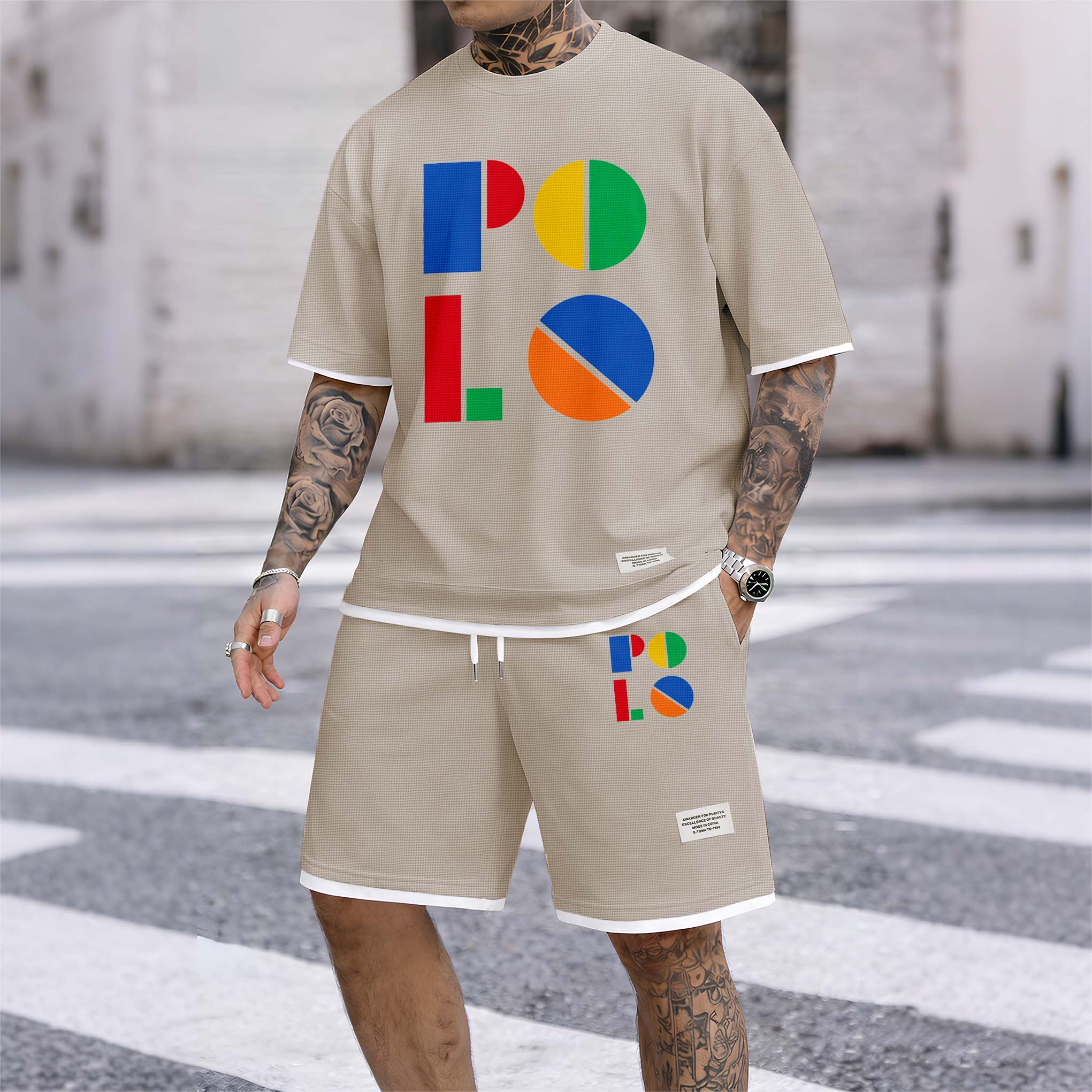 Men's Color Polo Print Drawstring Shorts Set For Spring/Summer. A Casual Summer Outfit, Including A Short-Sleeved Shirt And Shorts, Suitable For Everyday Wear And Sports. A Two-Piece Set For A Relaxed And Energetic Lifestyle.