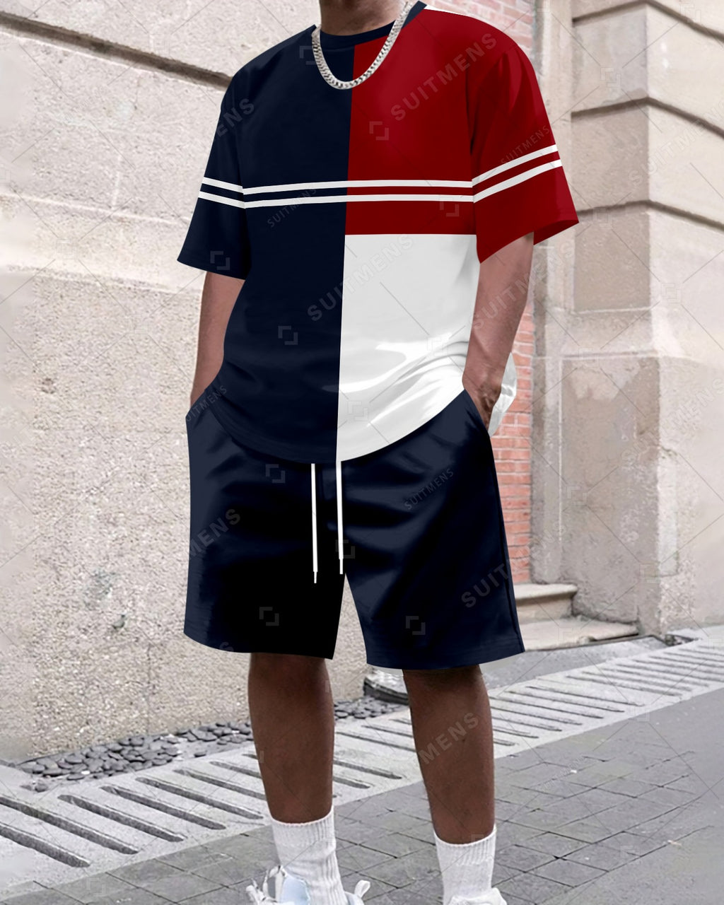Men's Summer Colorblock Printed Round Neck Set 417