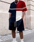 Men's Summer Colorblock Printed Round Neck Set 417