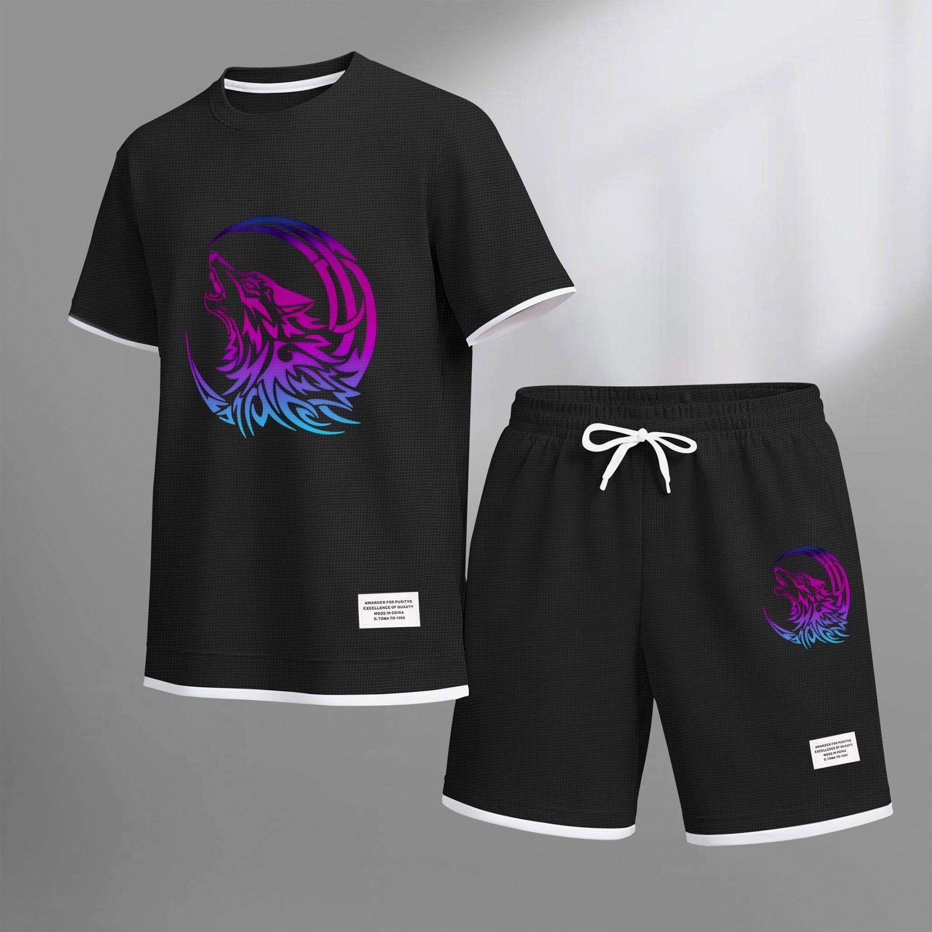 Men's Gradient Wolf & Moon Graphic Print Waffle Short Sleeve T-Shirt & Shorts Set, Summer Lightweight Sporty Casual Two-Piece Outfit, Streetwear for Gym & Daily Wear