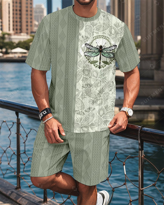 Men's Crew Neck Jacquard Textured Print Shorts Set  004