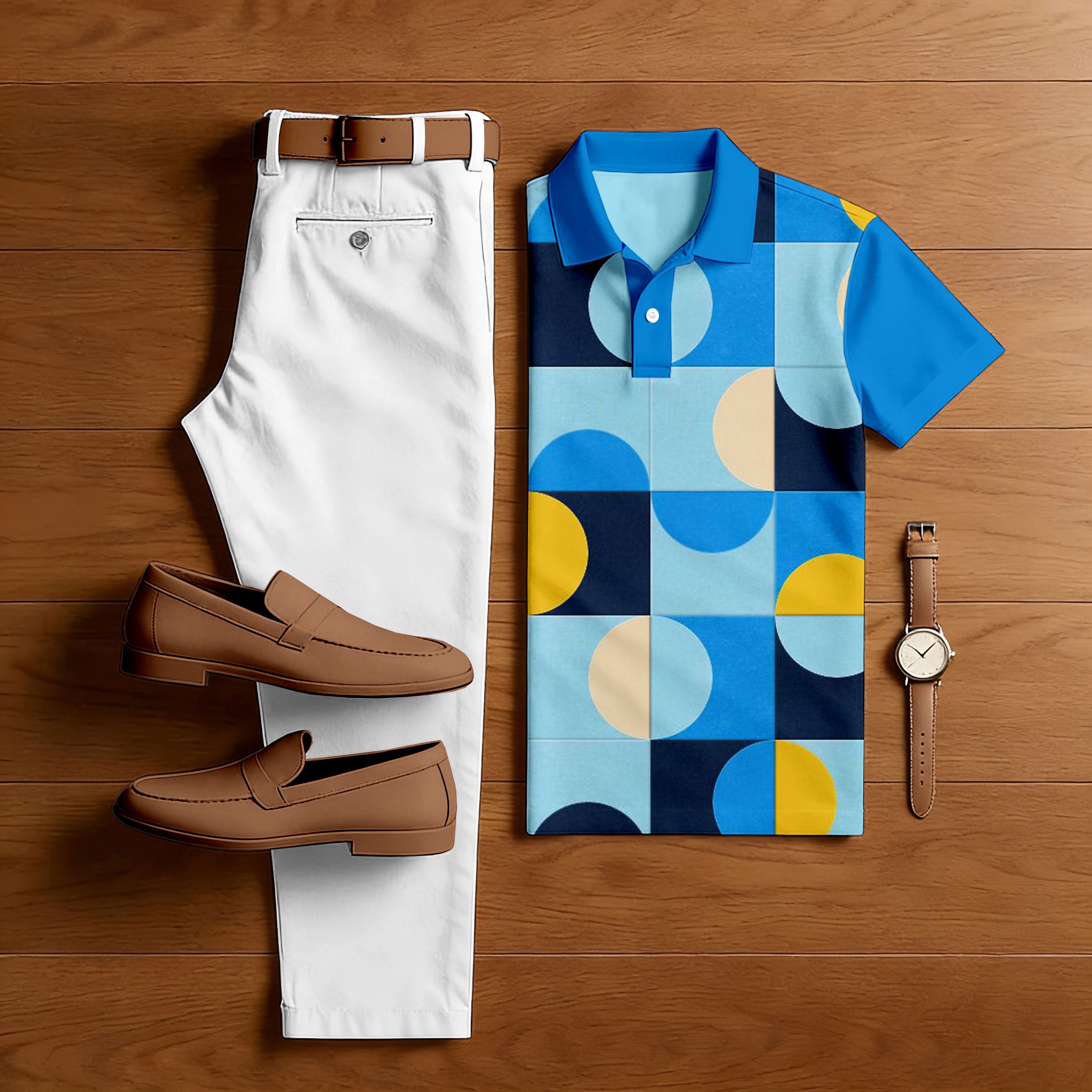 Men's Casual Color Blocking Geometry Printed Polo Shirt And Pants Two-Piece Set