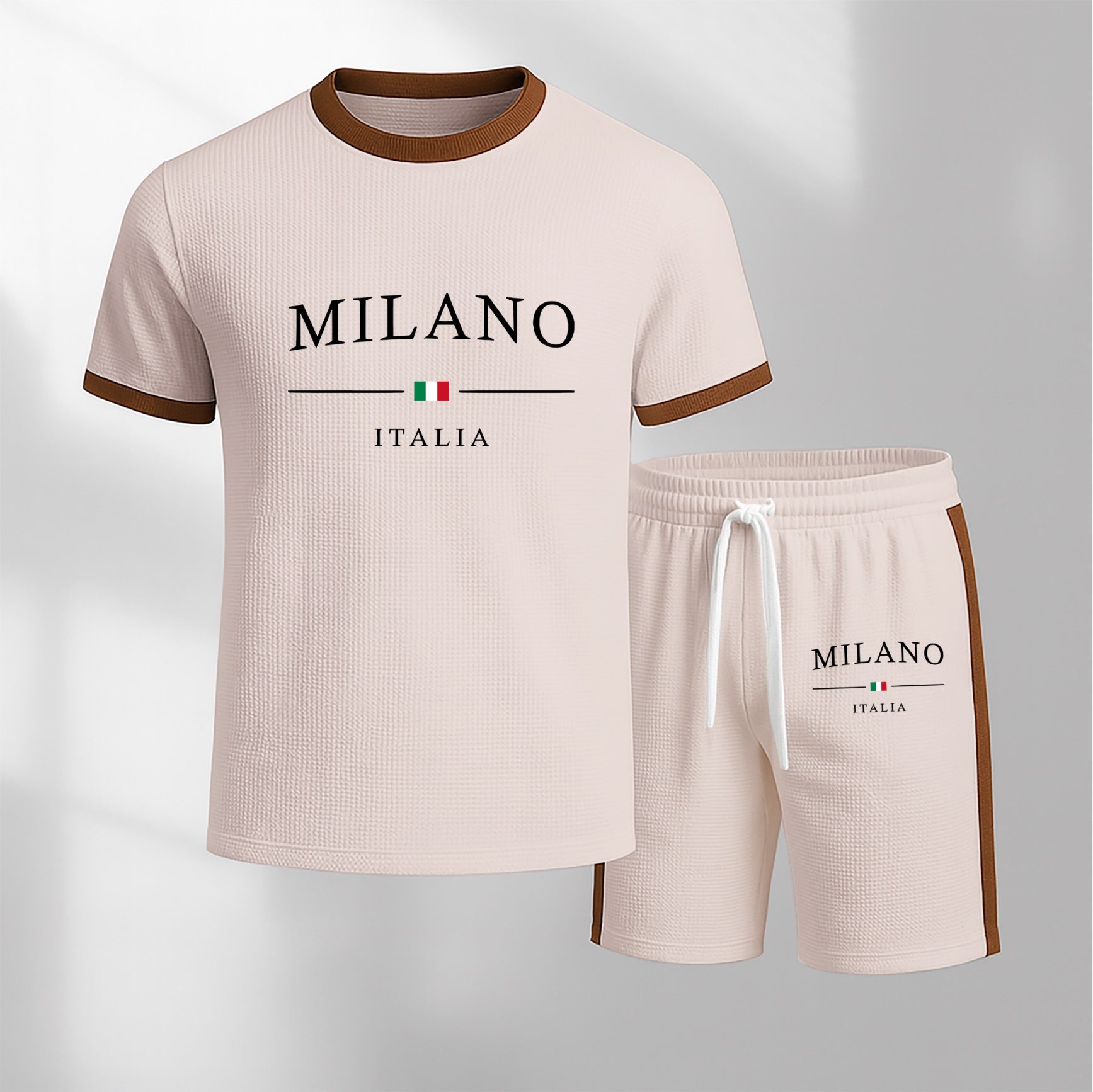 Men's Milan Letter Pattern Short-Sleeve T-Shirt and Drawstring Shorts Set, Men's Clothing, Casual Sportswear Short-Sleeve Top and Shorts, Summer Men's Everyday Wear, Indoor and Outdoor Sportswear, Sports Set