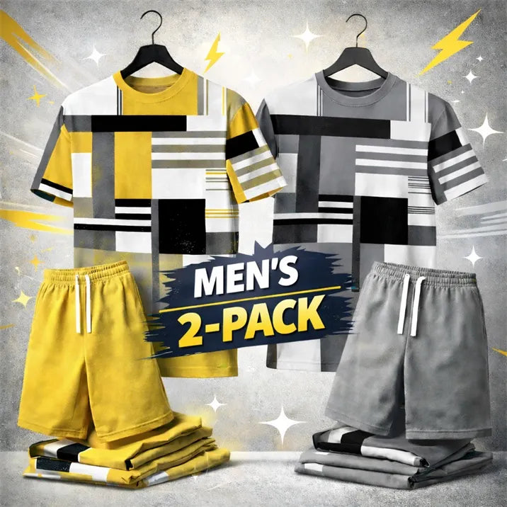 Men’s Casual Graphic T Shirt and Shorts Set, Geometric Pattern Summer 2 Piece Outfit, Soft Breathable Matching Set with Drawstring Shorts for Beach, Outdoor Activities, Travel, Workout, and Everyday Style