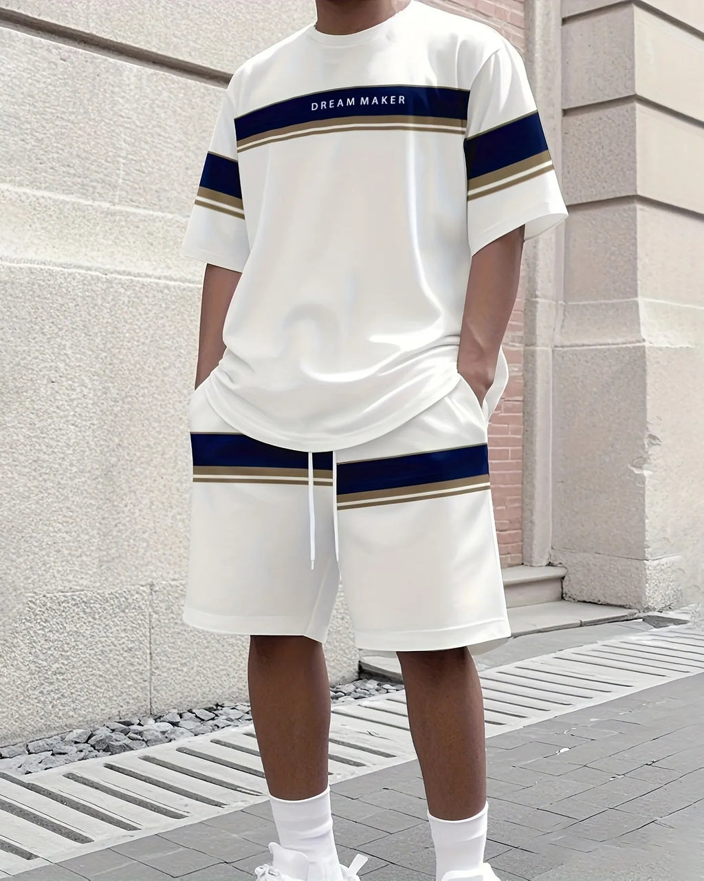 Men's White Stripes Summer Round Neck Set 113