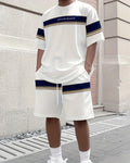 Men's White Stripes Summer Round Neck Set 113