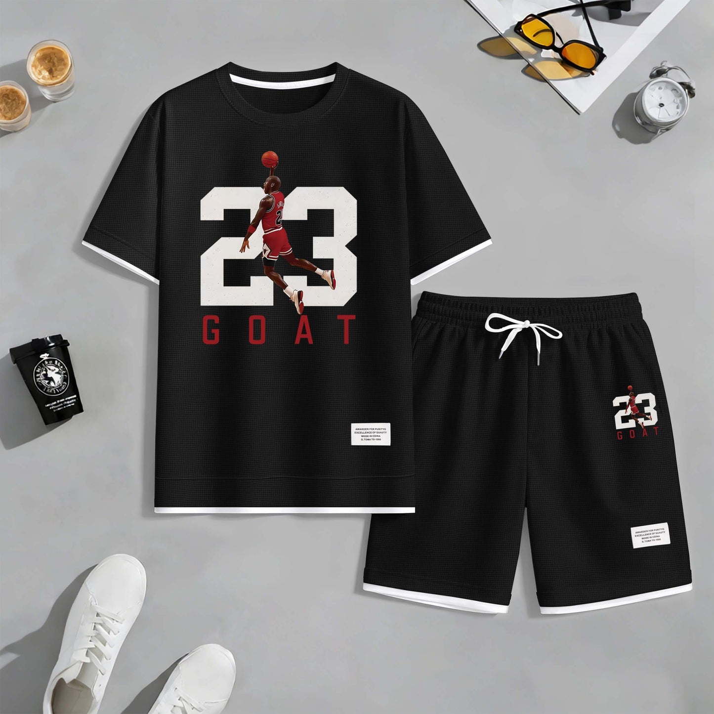 Men's Basketball 23 Print Drawstring Shorts Set For Spring/Summer. A Casual Summer Outfit, Including A Short-Sleeved Shirt And Shorts, Suitable For Everyday Wear And Sports. A Two-Piece Set For A Relaxed And Energetic Lifestyle.