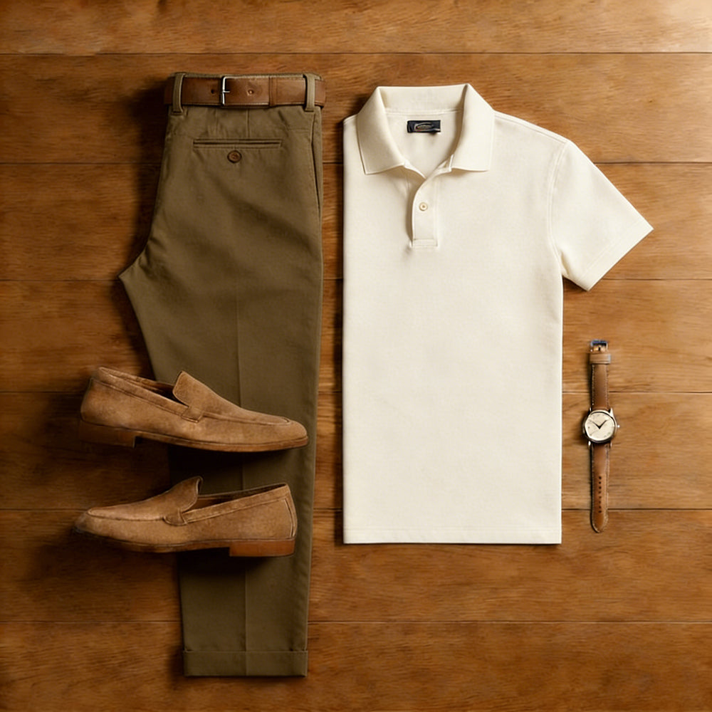 Men's Casual Army Green & Apricot Solid Color Matching Short Sleeved Polo Shirt & Trousers Two-Piece Set