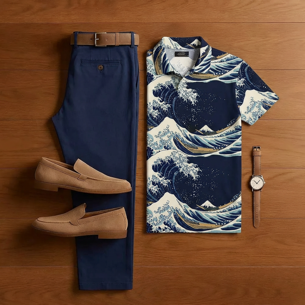 Men's Casual Blue Surf Print Short-Sleeve Shirt And Trousers Two-Piece Set