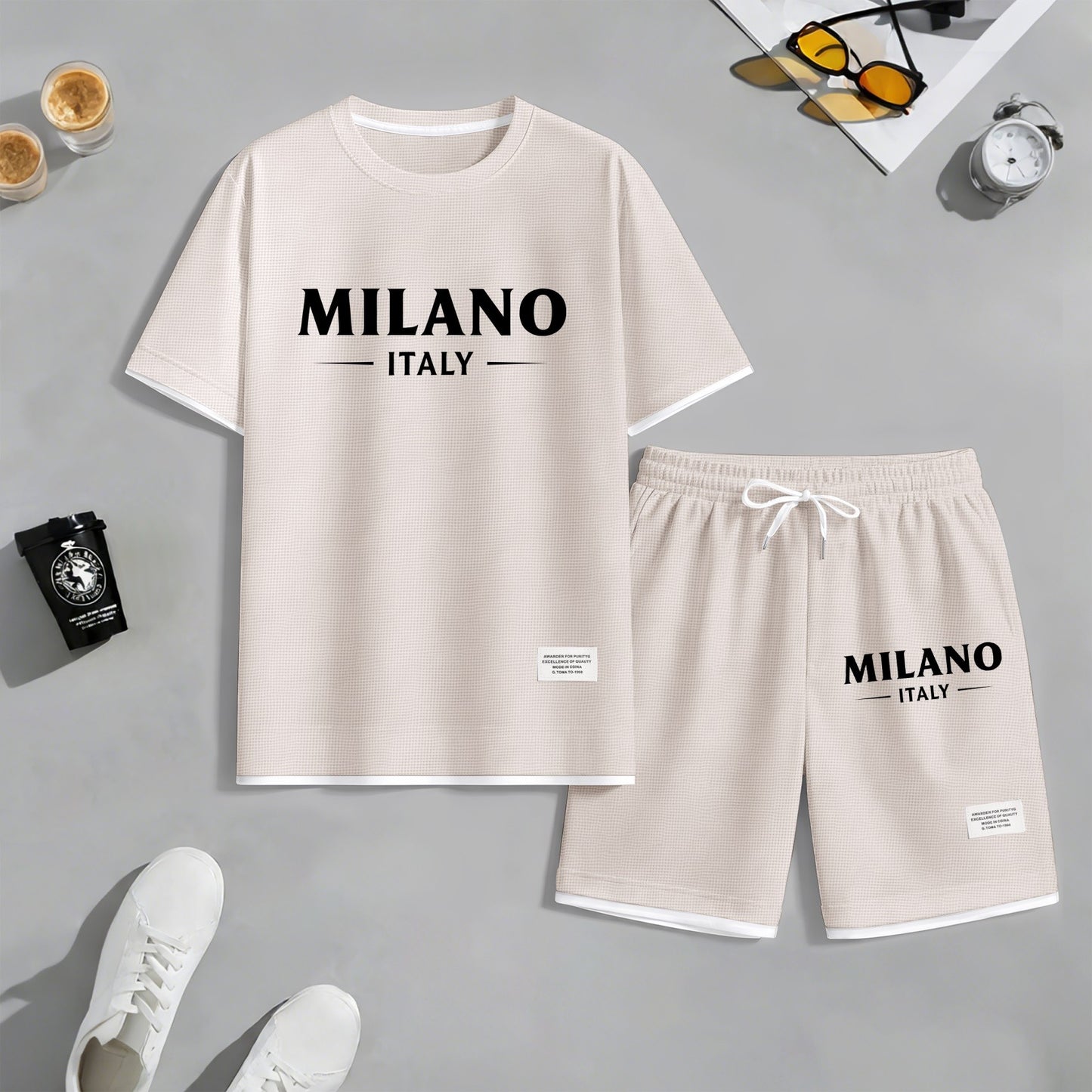 Men's Milan print drawstring shorts set for spring/summer, a casual summer outfit including a short-sleeved shirt and shorts, suitable for everyday wear and sports. A two-piece set for a relaxed and energetic lifestyle.