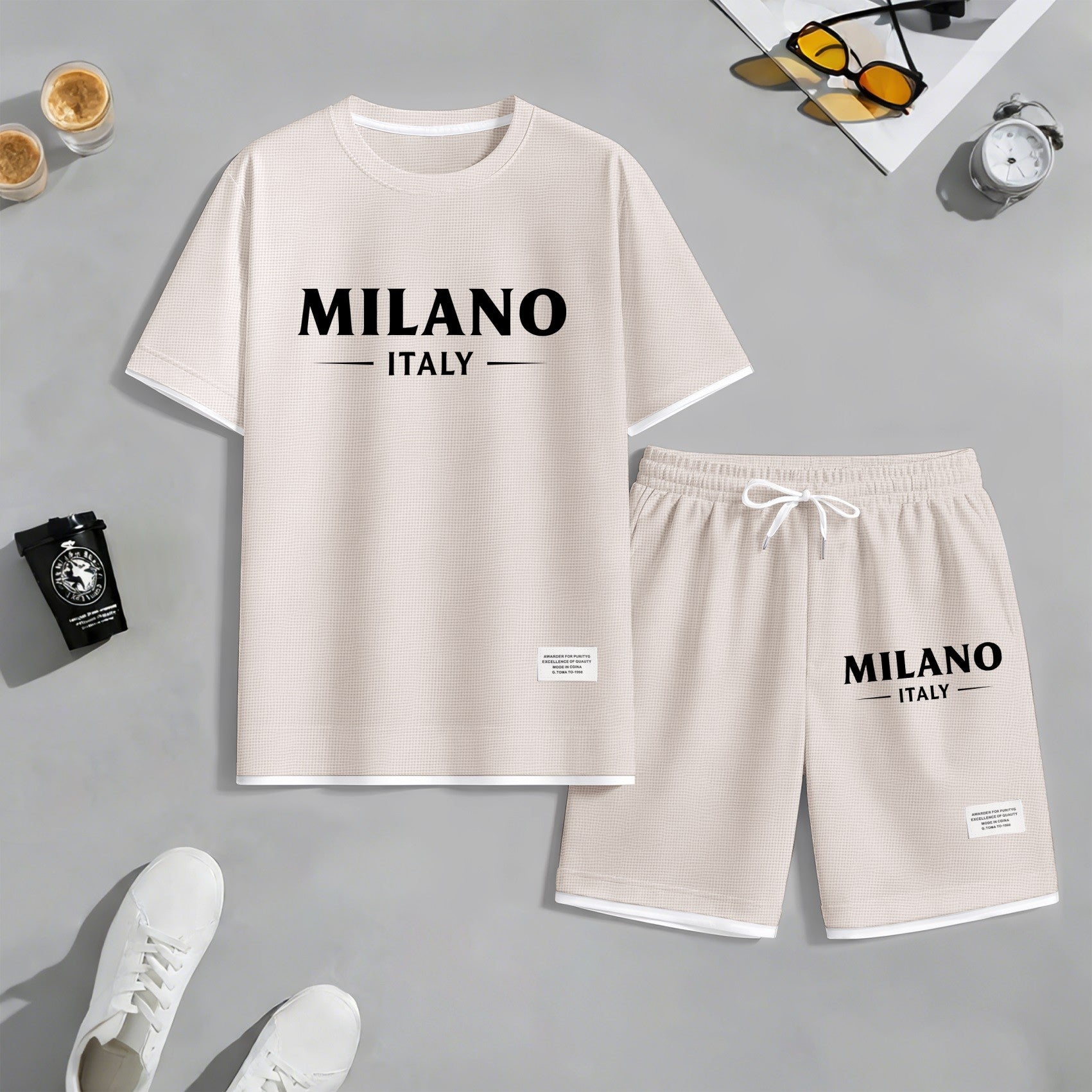 Men's Milan print drawstring shorts set for spring/summer, a casual summer outfit including a short-sleeved shirt and shorts, suitable for everyday wear and sports. A two-piece set for a relaxed and energetic lifestyle.