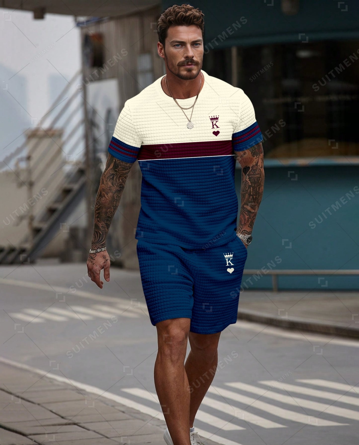 Men's Casual Waffle Textured Summer Round Neck Short Sleeve Shorts Set 0021