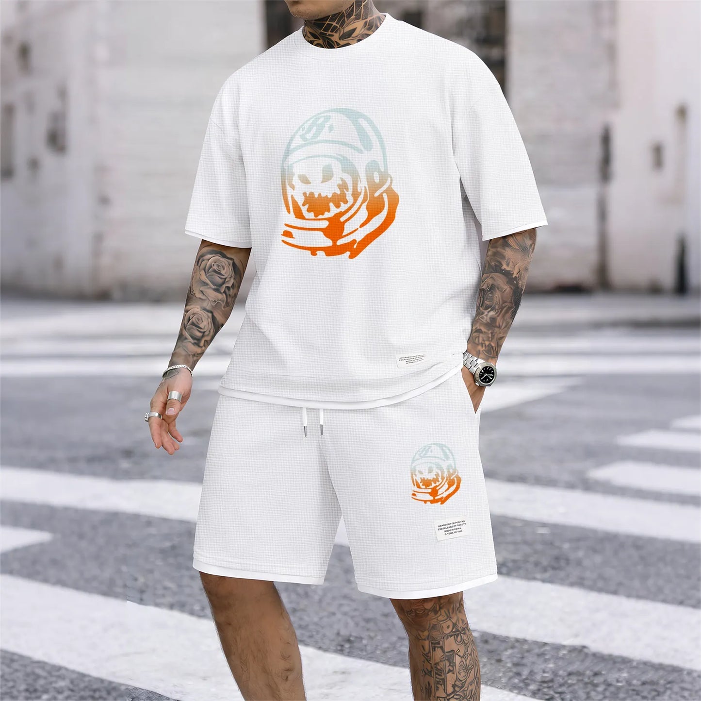 Men's Football Boy print drawstring shorts set for spring/summer, a casual summer outfit including a short-sleeved shirt and shorts, suitable for everyday wear and sports. A two-piece set for a relaxed and energetic lifestyle.