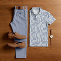 Men's Casual Purple & White Color Matching Geometric Printed Short Sleeved Polo Shirt & Trousers Two-Piece Set