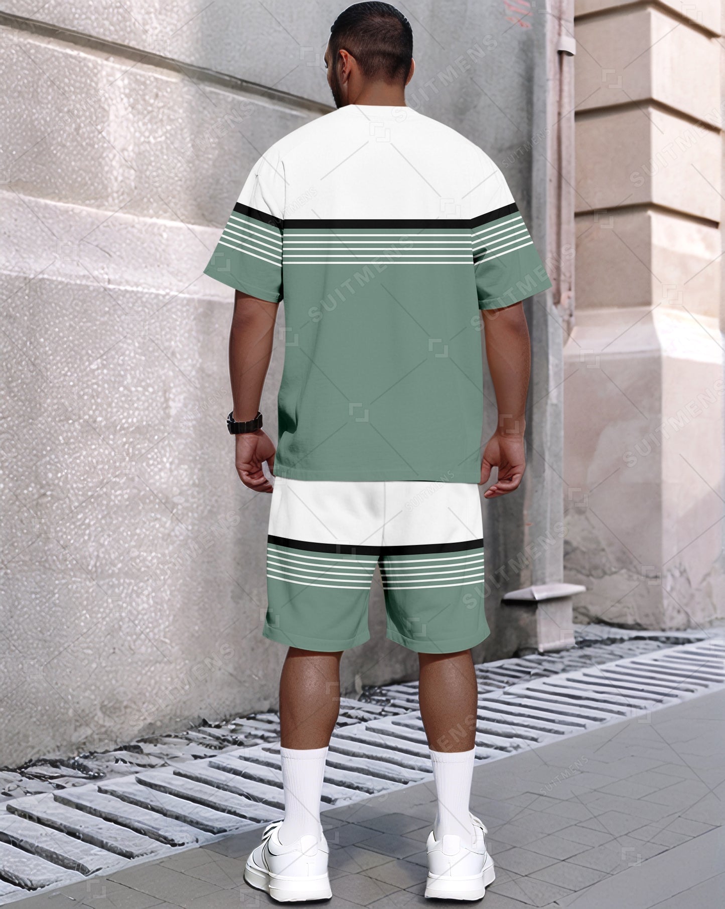 Men's Summer Colorblock Printed Round Neck Set 482