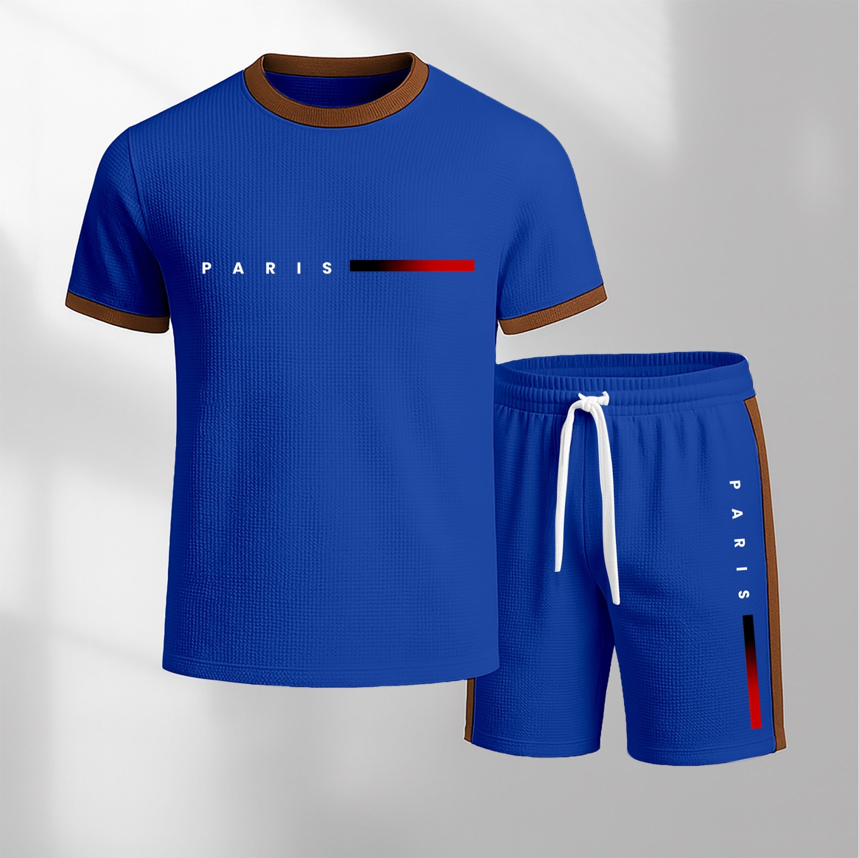Men's Paris Print Short-Sleeved T-Shirt And Drawstring Shorts Set, Men's Casual Sportswear, Short-Sleeved Top And Shorts, Suitable For Summer Daily Wear, Indoor And Outdoor Sports, Athletic Set.