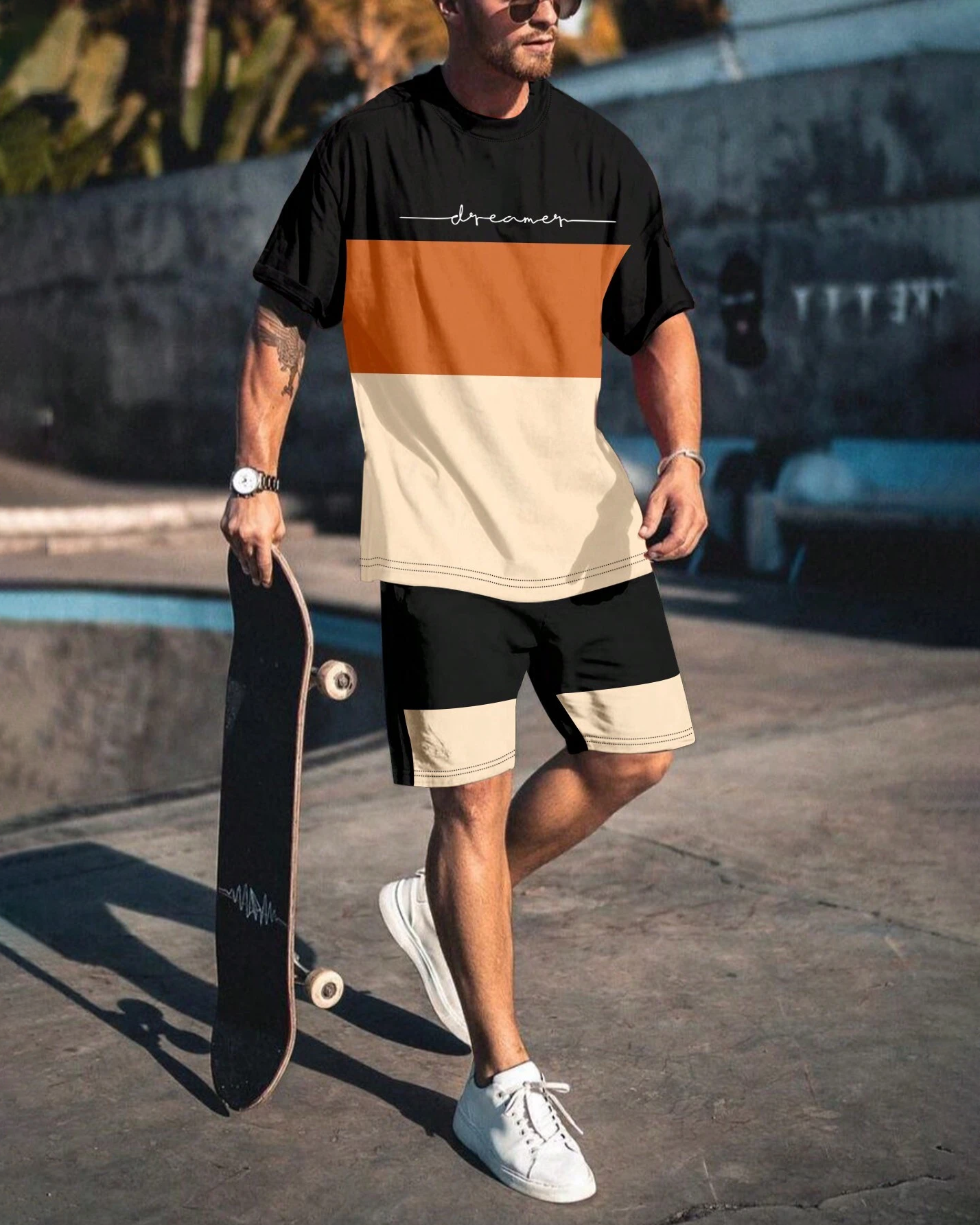 Men's color matching casual shorts Set