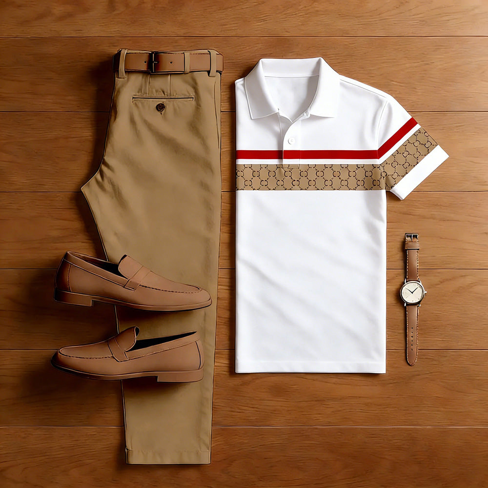 Men's Casual White Color Matching Striped Printed Short Sleeved Polo Shirt & Khaki Trousers Two-Piece Set