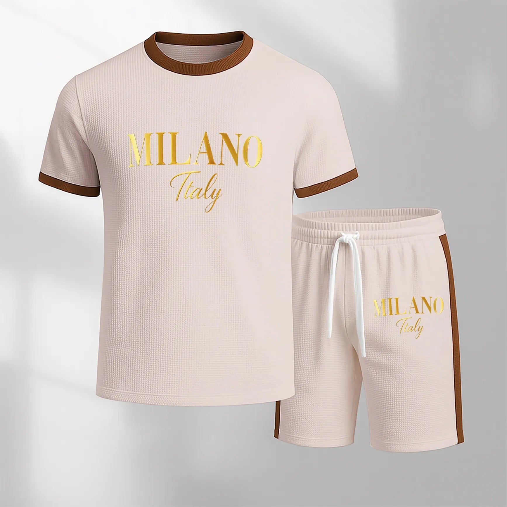Men's Milan Letter Pattern Short-Sleeve T-Shirt and Drawstring Shorts Set, Men's Clothing, Casual Sportswear Short-Sleeve Top and Shorts, Summer Men's Everyday Wear, Indoor and Outdoor Sportswear, Sports Set