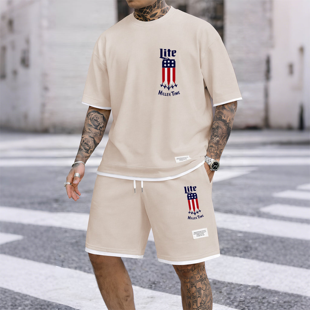 Men's Beer And Beverage Printed Drawstring Shorts Set, Suitable For Spring And Summer Wear, Casual Summer Set, Including Short-Sleeved Shirt And Shorts, Suitable For Everyday Wear And Sports 012