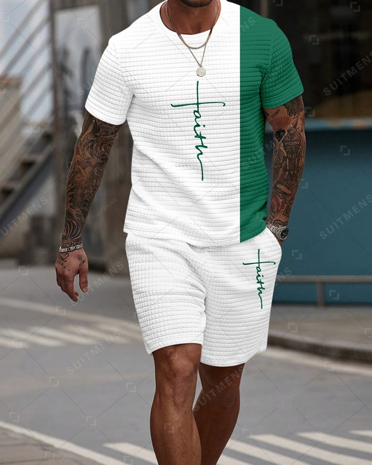 Men's Casual Waffle Textured Summer Round Neck Short Sleeve Shorts Set 0010