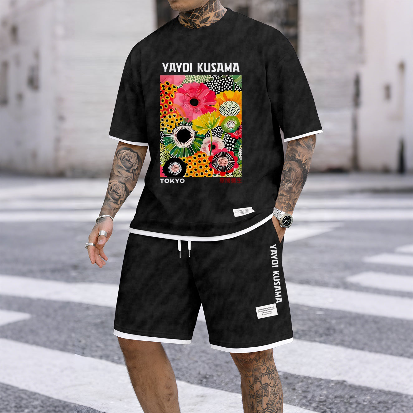 Men's Polka-Dot Flower Print Waffle Fabric Short-Sleeved Shirt And Shorts Set