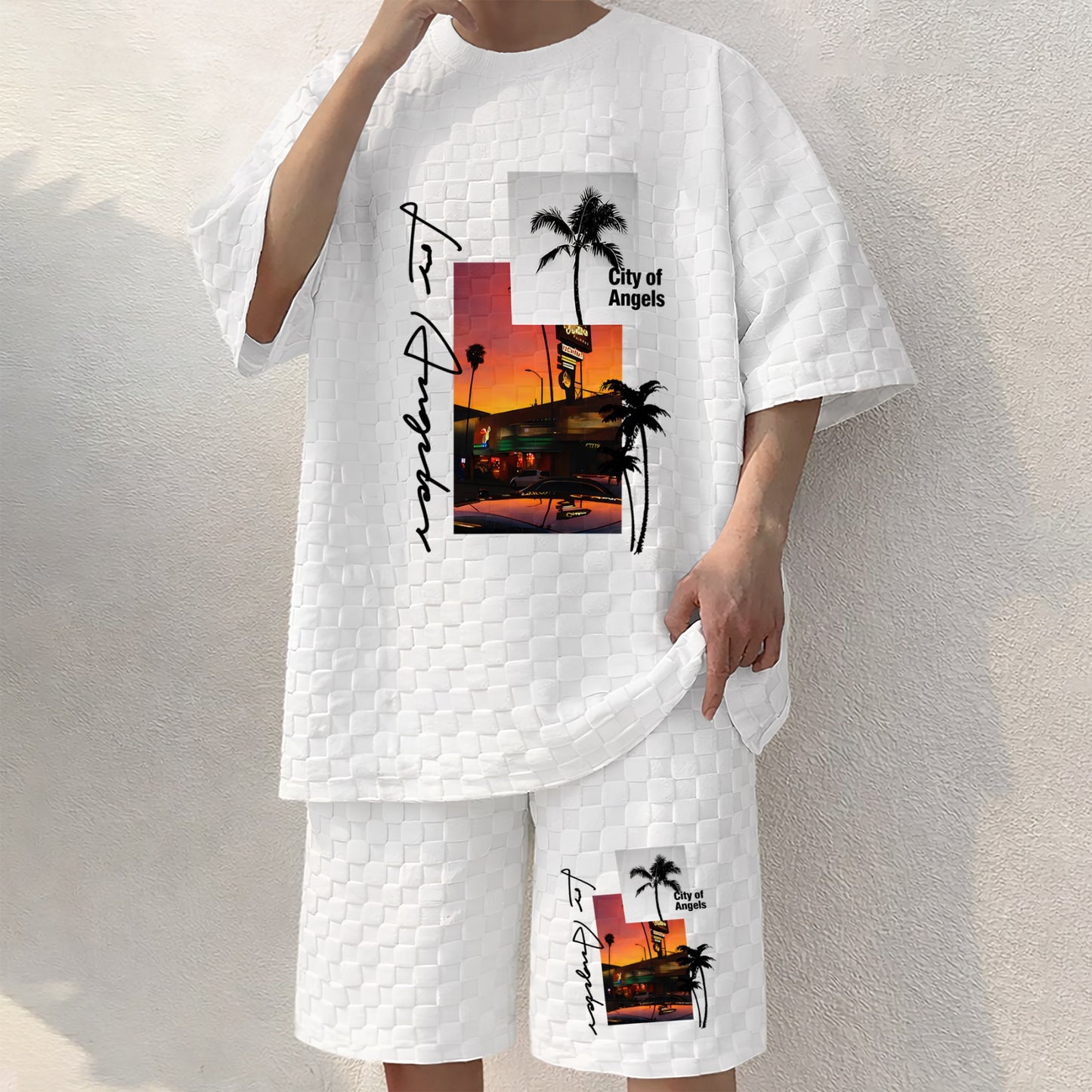 Men's Resort Graphic Print Spring And Summer Drawstring Shorts Set, A Casual Summer Outfit, Including A Short-Sleeved Shirt And Shorts, Suitable For Everyday Wear And Sports Activities.
