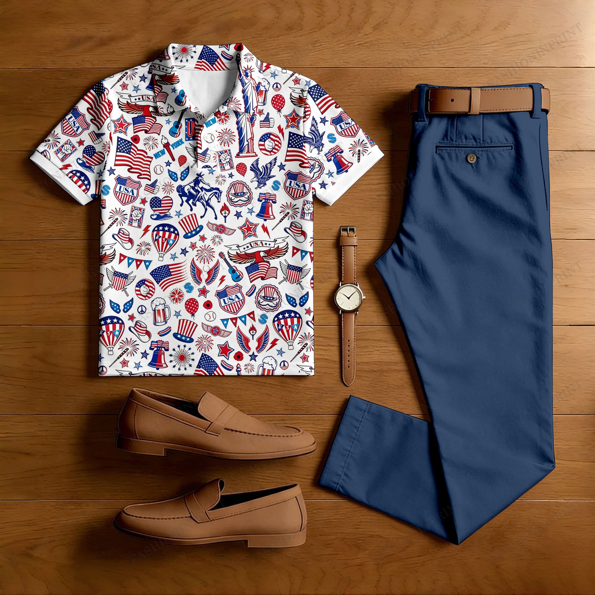Men's Casual White Printed Polo Shirt And Pants Two-Piece Set