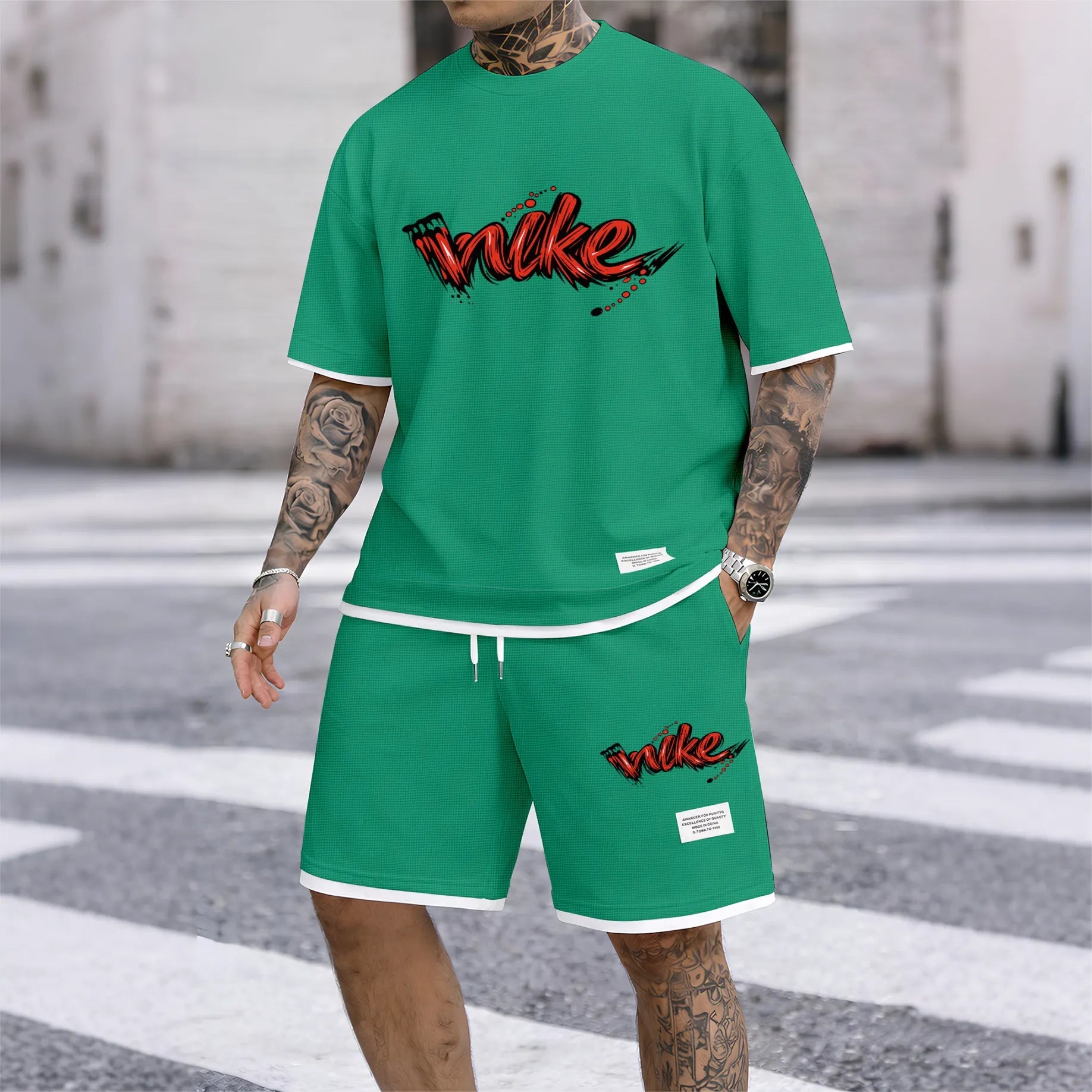 Men's Red Graffiti-Style Art Letter Print Fake Two-Piece Short Sleeve T-Shirt & Shorts Set, Summer Waffle Breathable Sporty Casual Two-Piece Outfit, Streetwear Gym Training Activewear