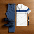 Men's Casual Navy Blue & White Color Matching Striped Printed Short Sleeved Polo Shirt & Trousers Two-Piece Set