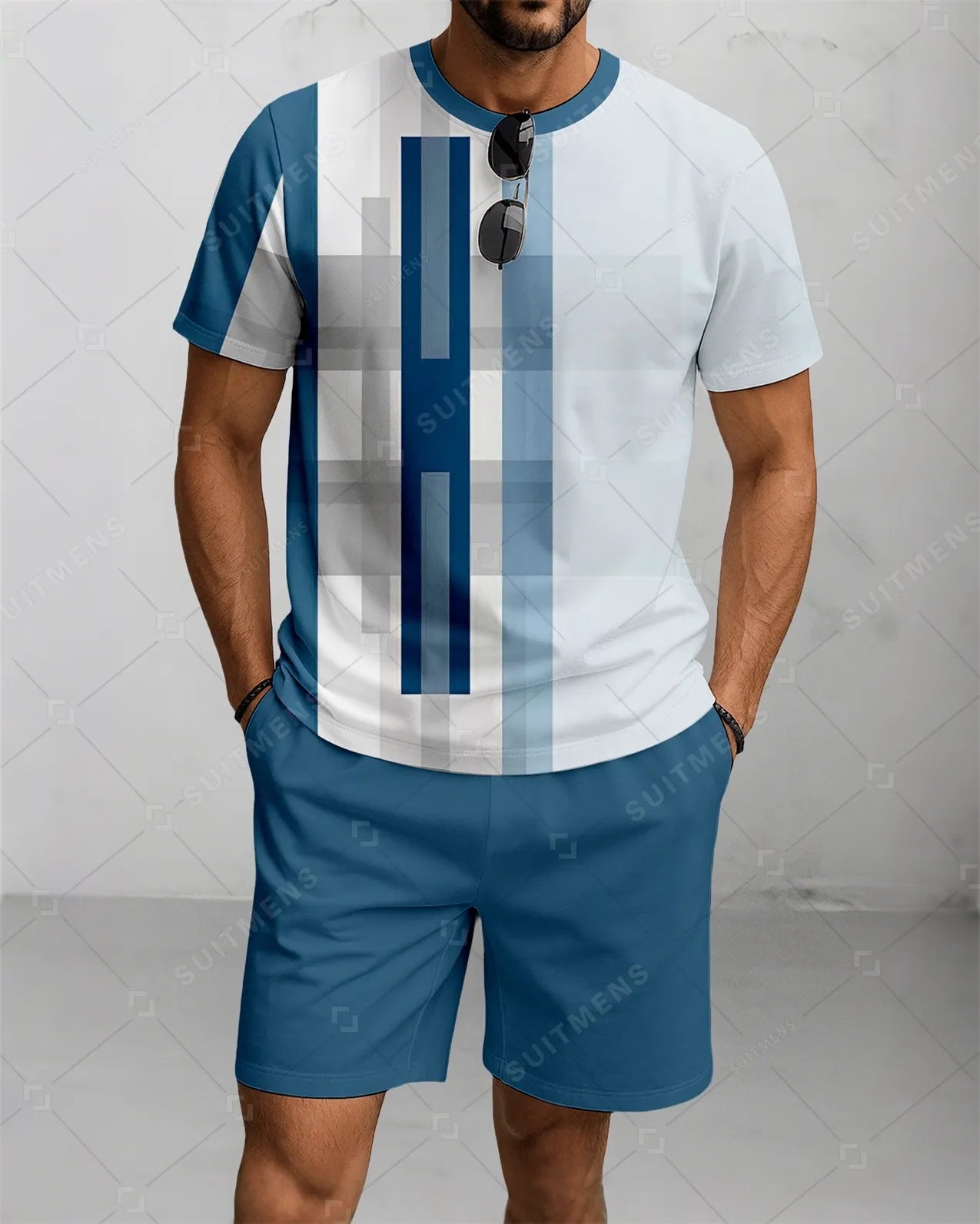 Men's Summer Colorblock Printed Round Neck Suit 083