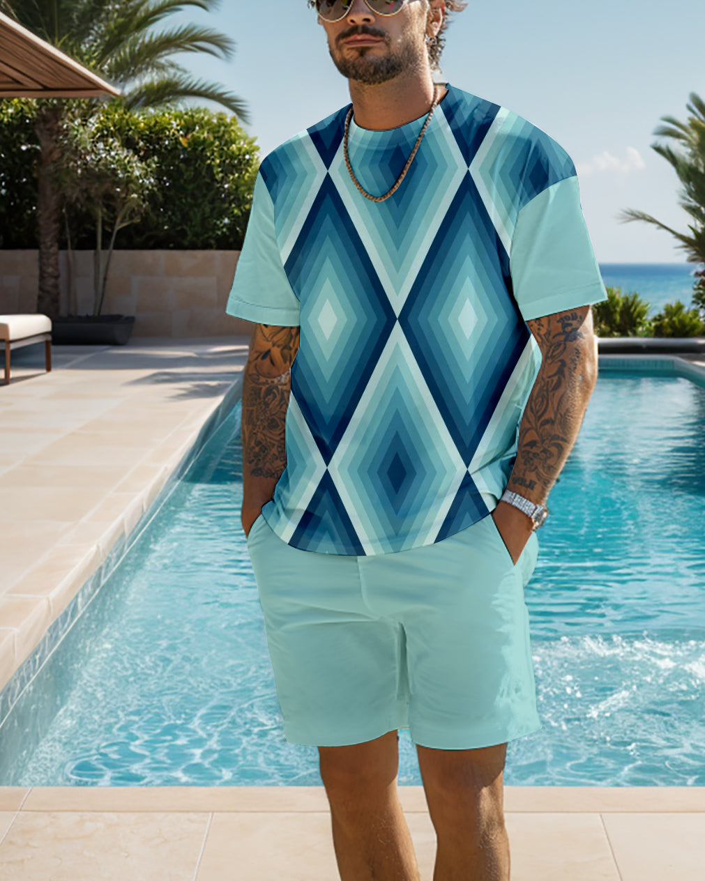 Men's color block printed shorts set 474