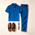 Men's Casual Royal Blue Printed Polo Shirt And Pants Two-Piece Set