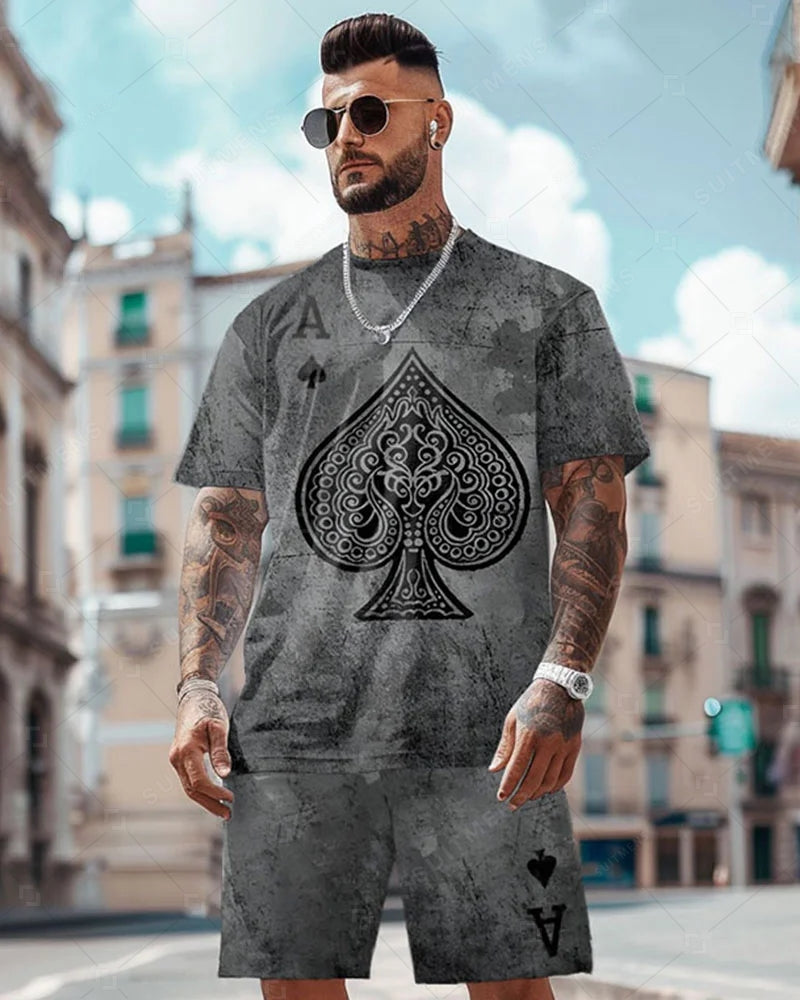 Men's Poker Cards Casual Print Shorts Set 458
